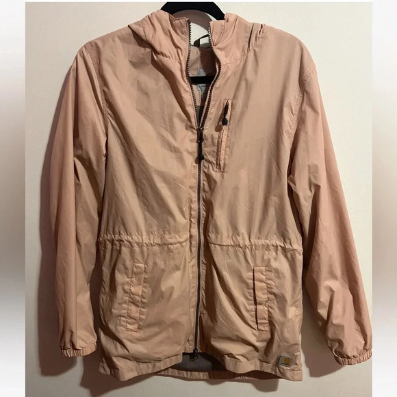 Carhartt Windbreaker Rain Jacket Women’s Sz M Pink Peach Zip Hooded Mesh Lined - Picture 1 of 5